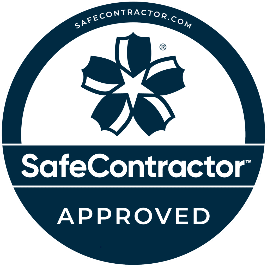 SafeContractor_Certification Seal_RGB_Shield Acceptance seal reading SafeContractor Approved, indicating accreditation, in a dark blue circular badge